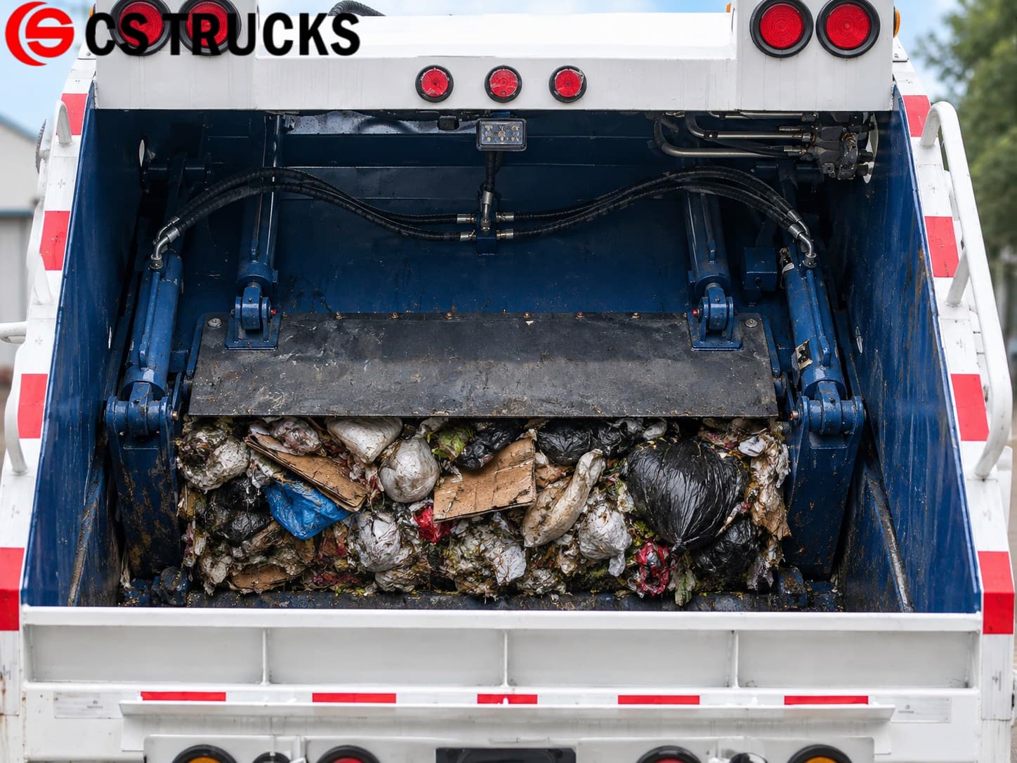 Garbage compactor truck hopper clogged with waste beneath the compaction plate Garbage compactor truck hopper clogged with waste beneath the compaction plate