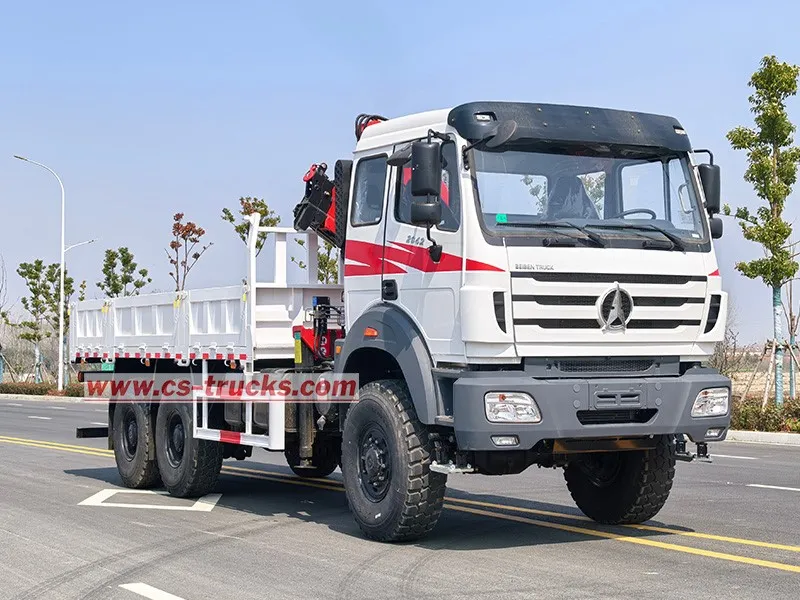 Front right view of Beiben 6×6 offroad tipper truck with rear folding crane Front right view of Beiben 6×6 offroad tipper truck with rear folding crane