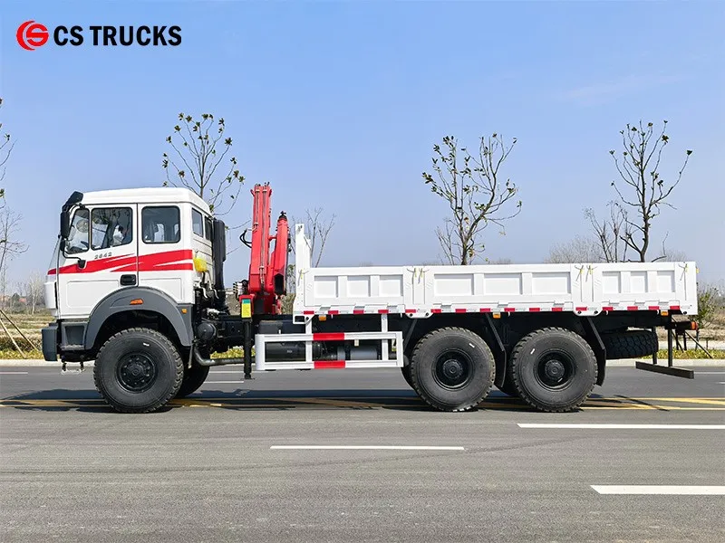 Left view of Beiben 6×6 offroad dropside truck with folding crane Left view of Beiben 6×6 offroad dropside truck with folding crane