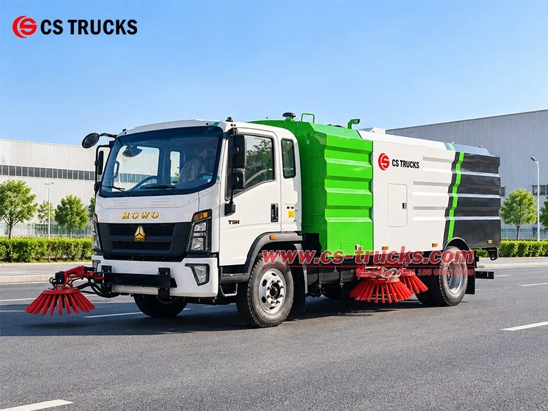 Front left view of HOWO T3M 4x2 6CBM street sweeper truck for municipal sanitation Front left view of HOWO T3M 4x2 6CBM street sweeper truck for municipal sanitation